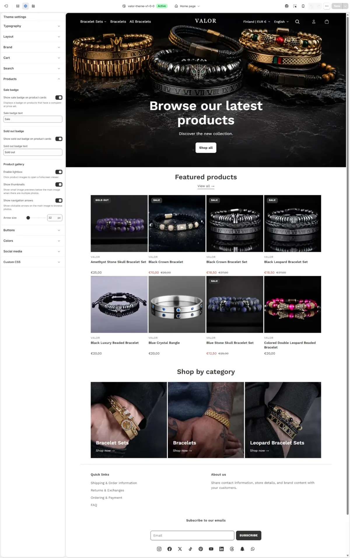 Valor theme — product settings, badges, gallery lightbox